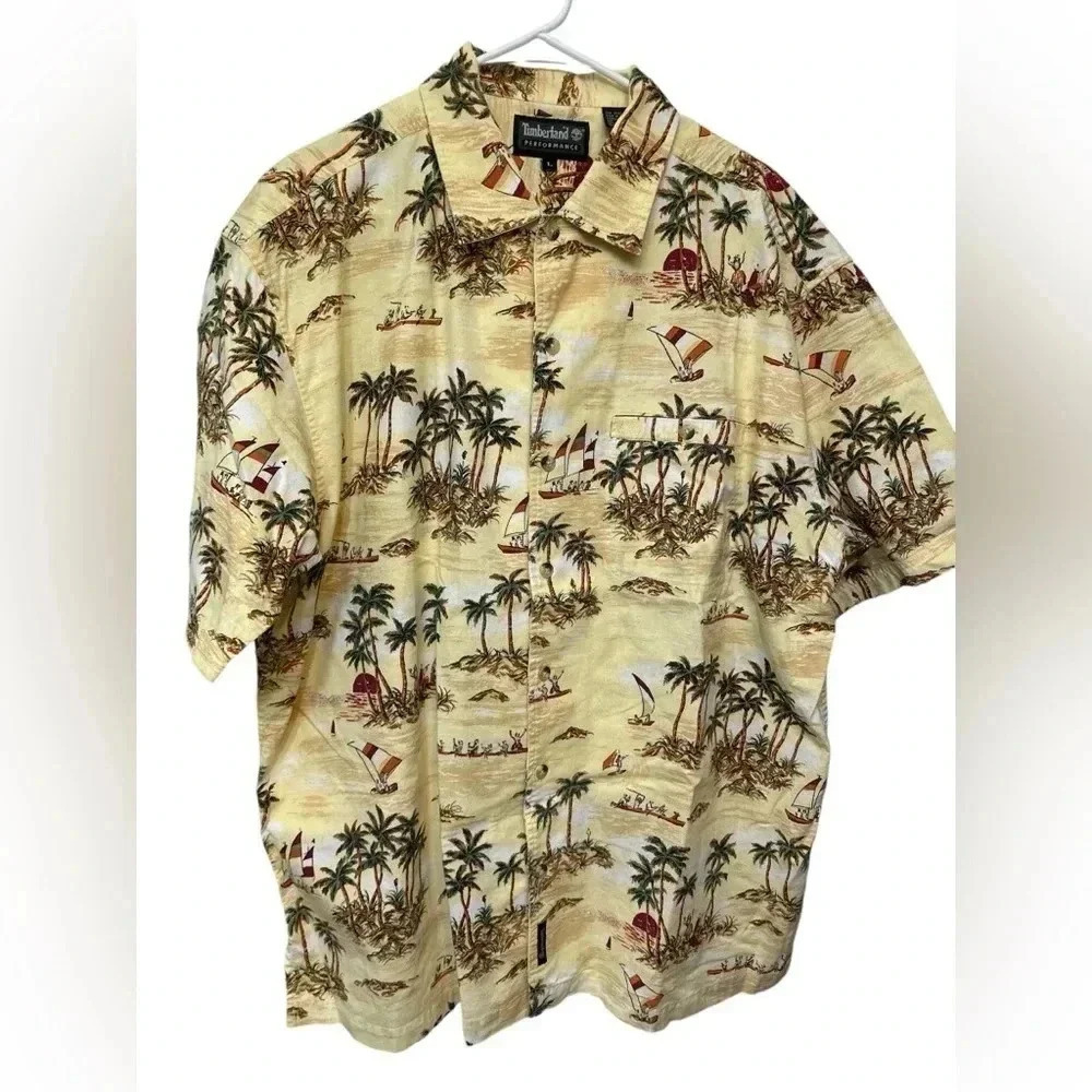 Timberland Performance Yellow Hawaiian Shirt Button Down Tropical Print
